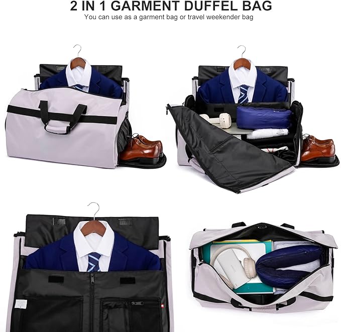 Travel Garment Bag Suit Bags for Men with Shoulder Strap & Shoes Compartment, Water Resistant Carry On Garment Duffle Bag - 2 in 1 Hanging Suit Garment Bags for Travel, Grey