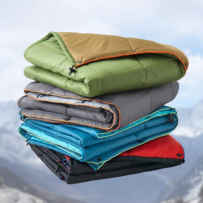 UNIKOME Waterproof Puffy Camping Blanket - Lightweight Packable Outdoor Quilt with Snaps & Corner Loops, Warm Compact Blanket for Cold Weather Hiking Picnic Stadium Travel, 75"×52", Black&Red