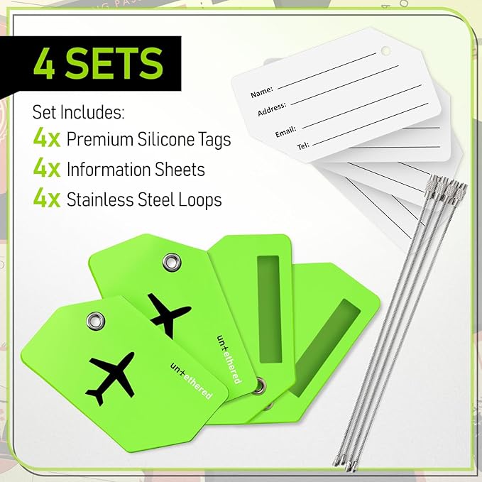 Untethered 4-Pack Luggage Tag Set | Durable Luggage Tags for Suitcases & Travel Bags | Bag Tag & Name ID Identifiers | Suitcase Tags for Easy Luggage Identification