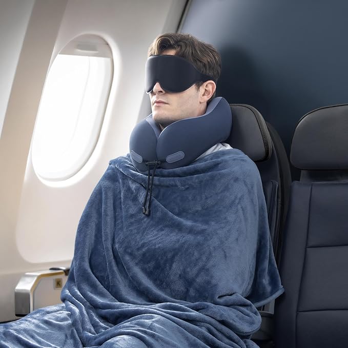 Neck Pillow and Blanket Set for Travel Memory Foam Design Models Pillows with Eye Mask and 50% More Storage Bag Traveling Essentials Plane Car Flight Rest Sleeping Use Adult, Blue