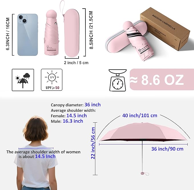 BAODINI Travel Essentials Mini Umbrella for Purse With Case Small Compact UV Sun Protection Lightweight Tiny Pocket Manual Open Close Umbrella for Women Kids and Men Fits Purse Backpack