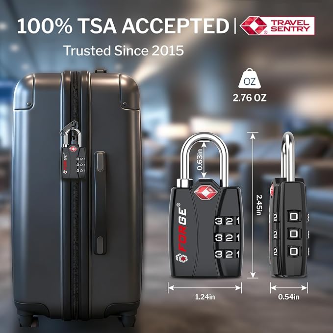 Forge Open Alert TSA Approved Luggage Locks - 3 Digit Combination, Easy Read Dials, Zinc Alloy Body - Ideal Travel Lock for Luggage, Suitcases, Bags & Toolboxes (Black 4 Locks)