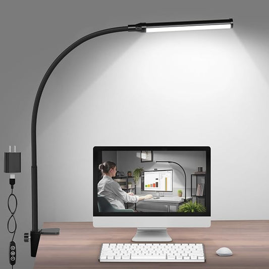ShineTech LED Desk Lamp with Clamp, 5000K Clip On Desk Lamp for Home Office | 11 Brightness Level,360°Flexible Gooseneck Architect Desk Light, Eye Caring Reading Lamp with USB Adapter
