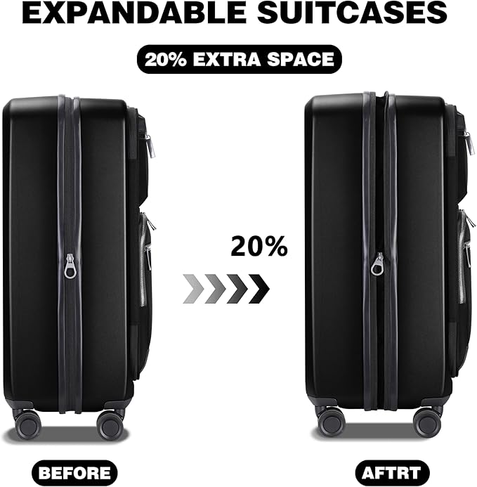 Luggage Sets 2 Piece, Carry On Luggage with Front Pocket & USB Port and 28 Inch Expandable Checked Luggage, Hybrid Soft Front & Hard Shell Suitcases with Spinner Wheels & TSA Lock, Black