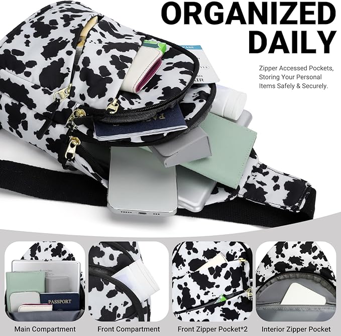 Tuwubi Crossbody Bags for Women, Sling Bag for Men, Small Hiking Backpack Anti Theft Lightweight for Outdoors Travel （M, Cow Print）