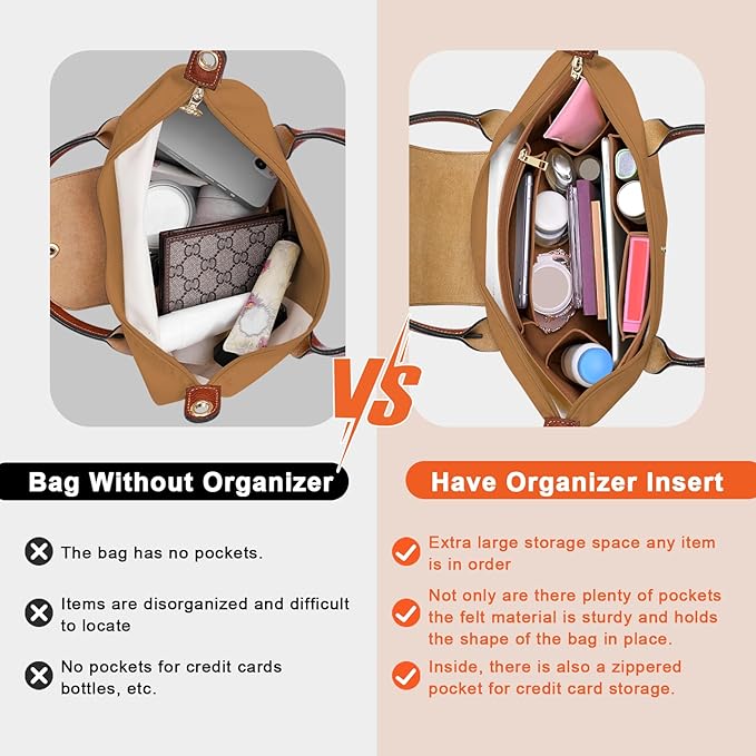 LOUKAYCCI Purse Organizer Insert for Longchamp Le Pliage M Handbag Insert Felt Long Champ Tote Bag Organizer Insert with Cup (EarthColor, Medium)
