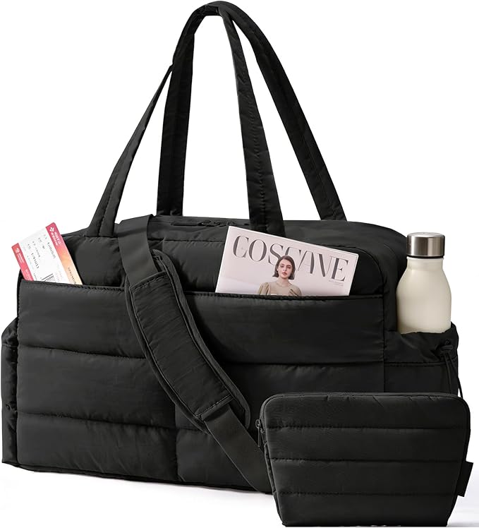 BAGSMART Gym Bag for Women, Lightweight Puffer Duffle Bag 2-PC Travel Bag, 31L Weekender Overnight Bag Quilted Carry On Tote Bag, Diaper Hospital Dance bag for Travel, Gym, Water Resistant, Black