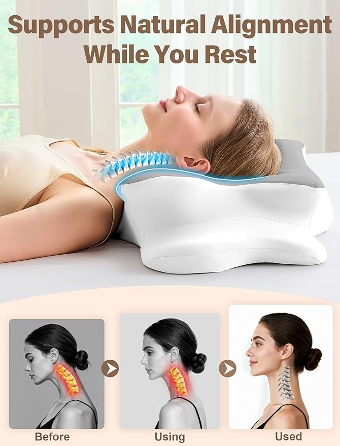 Cervical Neck Pillow for Pain Relief – Ergonomic Memory Foam Pillow for Side Sleeper Contour Orthopedic Bed Cooling Pillow for Neck Support – Ideal Christmas Birthday Gift for Women Men - Grey
