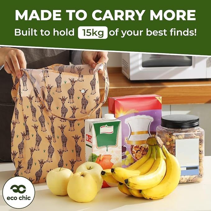 ECO CHIC Foldable Reusable Grocery Bags - Lightweight, Recycled & Reusable Shopping Bag - Waterproof Packable Tote
