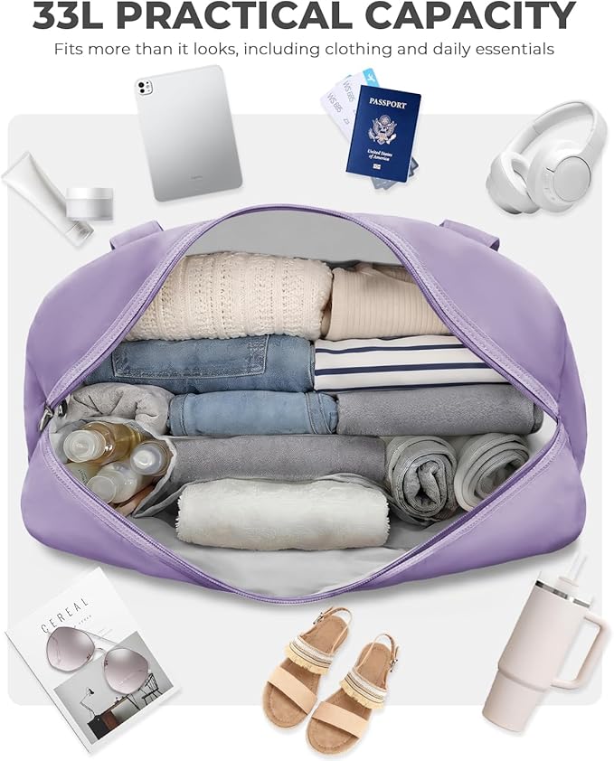 Percover Weekender Travel Duffel Bag for Women, Lightweight Soft-Structure 33L Carry-On, Water-Resistant Nylon with Shoulder Strap & Trolley Sleeve, Personal Item Friendly, Lavender Purple
