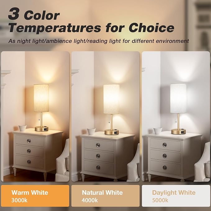 17in Bedside Table Lamp for Bedroom, Desk Lamp with USB Ports for Dorm | 17" Night Stand Lamp, USB A+C Ports, AC Outlet, 3 Color Temperatures, LED Bulb Included, Linen-Fabric Shade, Gold Brass Base