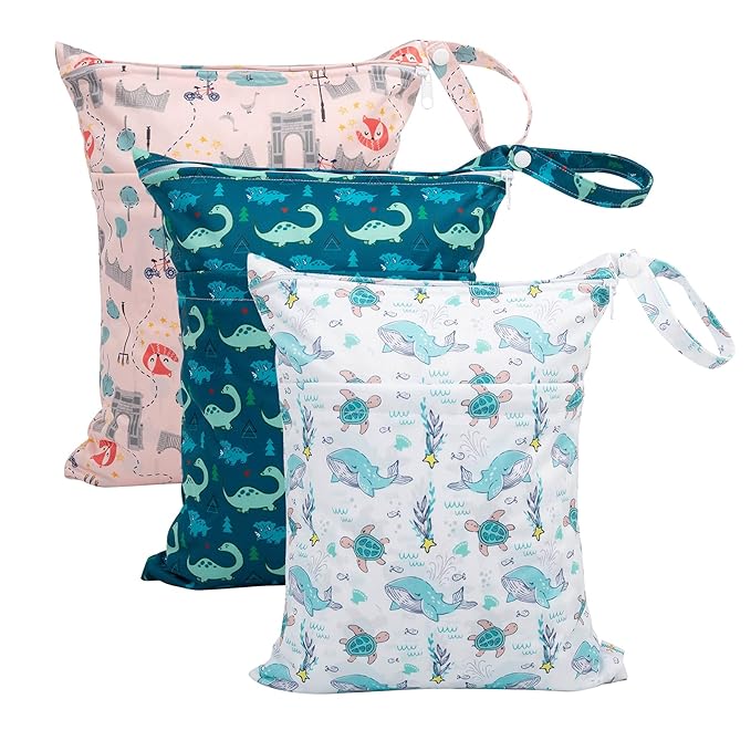 babygoal Wet Dry Bags 3 Pack for Baby Cloth Diapers, Washable Travel Bags, Beach, Pool, Gym Bag for Swimsuits & Wet Clothes with Two Zippered Pockets 3LN17