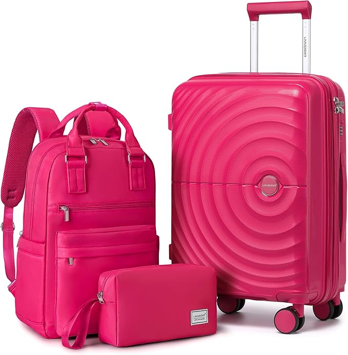 LARVENDER Carry On Luggage Set 22x14x9 Airline Approved, Expandable 20 Inch Carry-On Suitcases With Wheels, Lightweight Luggage Sets 3 Pieces With Backpack, Rose Red