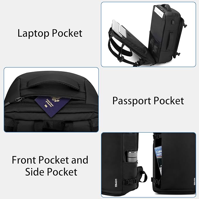 HOMIEE Travel Backpack 40L TSA Friendly Flight Approved Carry-on Luggage, Waterproof Business Computer Backpack Fits 17.3 Inch Laptop, Extra Large Weekender Bag with Shoe Compartment, Black