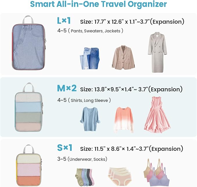 Cambond Compression Packing Cubes for Travel - 4 Set Multi-color See Through Mesh Compression Cubes for Travel Essentials, Space Saving Luggage Packing Organizers Bags for Carry on Suitcases