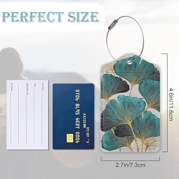 2 Pack Luggage Tag for Suitcases Green Ginkgo Leaf PU Leather Bag Travel Suitcase ID Identifier Baggage Tags for Women Men Travel