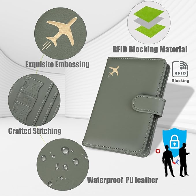 GOAUS Passport Holder for Travel with AirTag Slot Cards Cash Pocket, Faux Leather Travle Wallet Gifts for Women Men RFID Blocking Book Case Green, AirTag Not Included