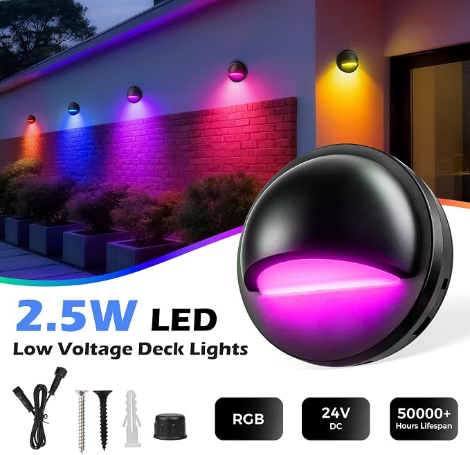 RGB Low Voltage LED Deck Lights Kit with Transformer Timer and Photocell Sensor, IP67 Waterproof Low Voltage Landscape Lighting, Step Lights for Outdoor Walkway Stair Post Railing (8 Pack)