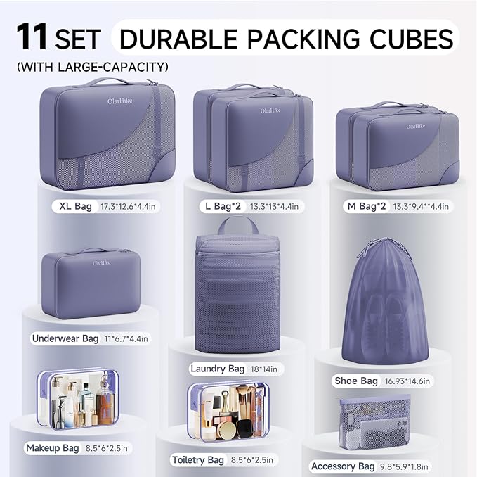 11 Set Packing Cubes for Travel,Gifts for Women Mom Kids, TSA Approved Bags for Makeup, Cosmetic, Toiletry, Suitcase Organizers for Checked Luggage, Cruise Essentials,Airplane Accessories, Purple-Gray