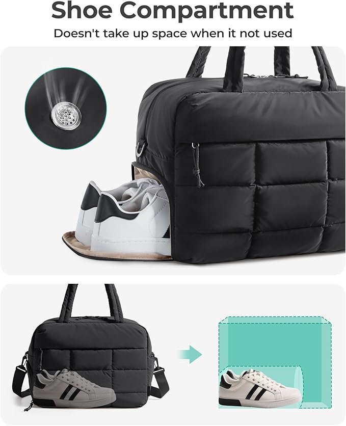 BAGSMART Gym Bag for Women, Carry on Travel Duffel Bag, Water-resistant Weekender with Shoe Compartment for Gym Travel Work, Black, Medium