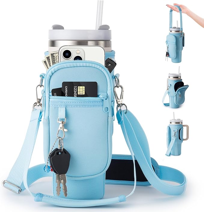 linmaya Water Bottle Carrier Bag for Stanley Cup 40/30oz with Phone Holder Pockets,Neoprene Water Bottle Cross-body Bag with Adjustable Shoulder & Hand Strap Stanley Cup Accessories