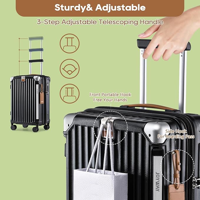 Joyway 5 Piece Luggage Set with Cup Holder, Expandable 25% Capacity, Includes Handbag, Anti Slip Wheels, Hook, Smart Carry On Suitcase for Men and Women, Spinner Travel Black