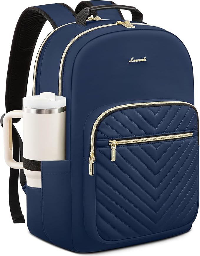 LOVEVOOK Laptop Backpack for Women with Giant Tumbler Holder 17.3 inch,Designer Travel Backpack Laptop Bag College Backpack,Quilted Work Nurse Teacher Backpack Purse Computer Bag Daypack,Navy Blue