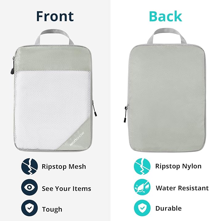 Compression Packing Cubes 6 Set, Compressible Space-Saving Packing Cubes for Travel - Compression Bags, Luggage Organizer, Travel Essentials for Women, Light Grey