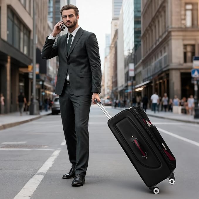 28" Large Softside Expandable 15% Checked Luggage with Double Spinner Wheels LOCK,Lightweight Travel Suitcase for Men/Women（Black-Burgund,28in）