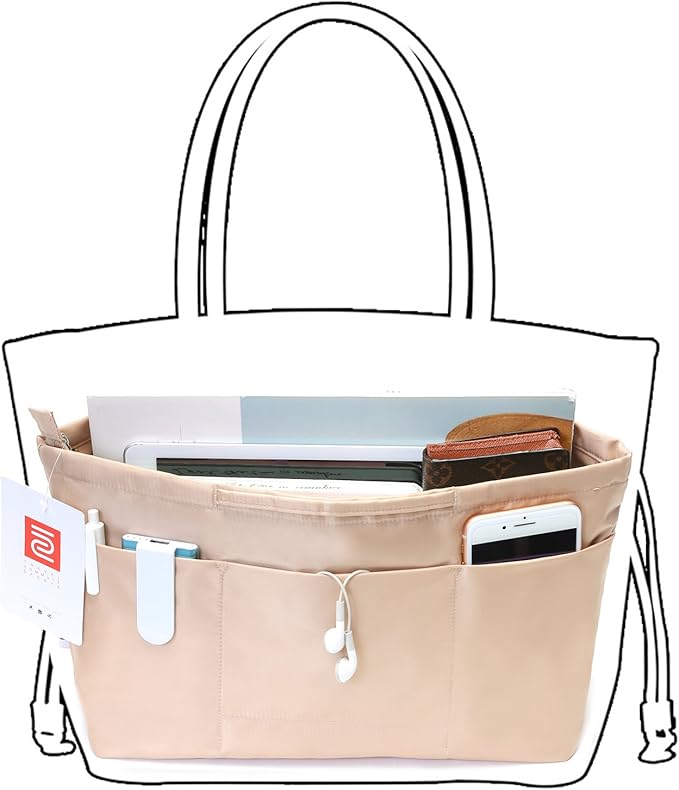 iN. Purse Organizer Insert with zipper, Nylon fabric Storage Bag with handles, for womens Handbags & Tote bags, neverfull, lightweight small sized Beige