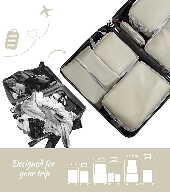 WOOMADA Compression Packing Cubes for Suitcases Travel Essentials 8 Set Expandable Travel Bags Organizer for Luggage(beige)