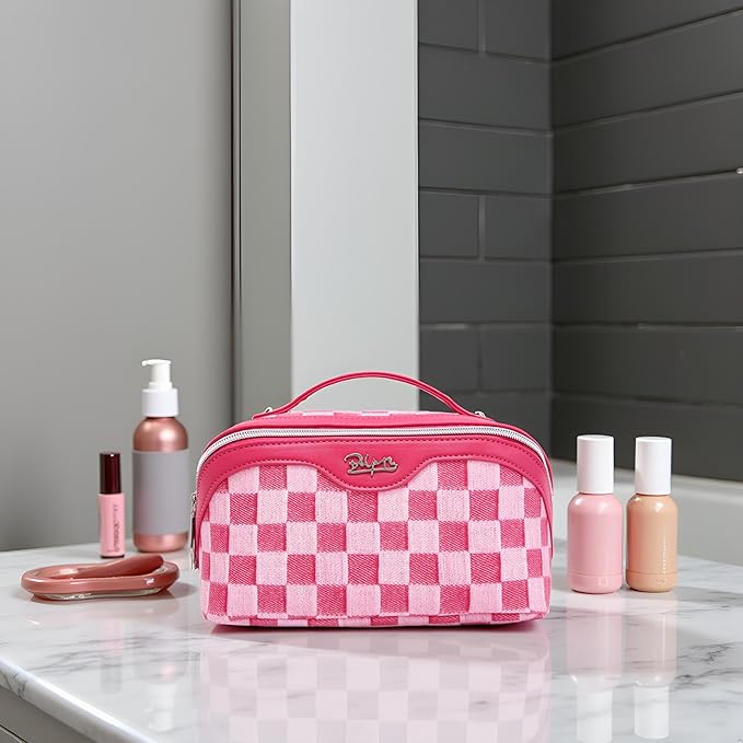 BOYATU Travel Makeup Bag for Women: Large Cosmetic Bag Set of 3 - PU Leather Make up Bag with Compartments - Compact Waterproof Toiletry Bag with Divider & Handle (D-4-Red)