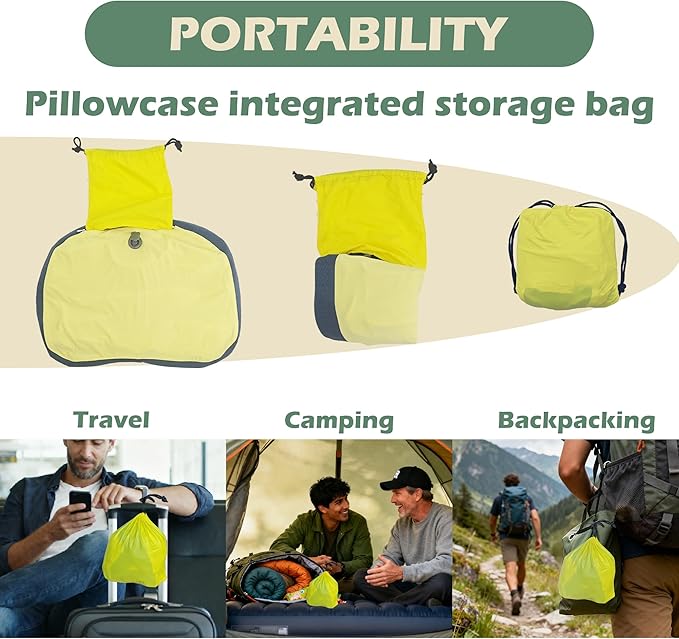 Inflatable Travel Camping Pillow - Ultralight, Portable, Removable, Double Cotton Cover Pillow for Neck Support with Storage Bag for Camping, Traveling, Backpacking, Hiking