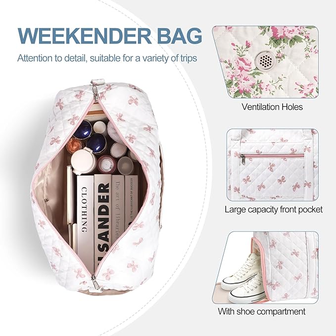 Gym Bag for Women, Cute Duffle Bag, Quilted Duffle Bag for Travel, Floral Duffle Bags, Weekend Bag with Zipper Pocket Dance Bag Organizer