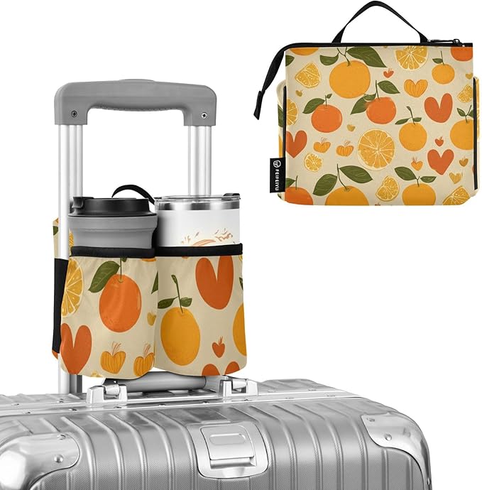 Luggage Cup Holder for Suitcases Free Hands Travel Cup Holder Portable Suitcase Cup Drink Holder Luggage Cup Caddy Bag Carrier Cute Orange and Hearts