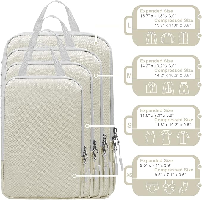 WOOMADA Compression Packing Cubes for Suitcases Travel Essentials 4 Set Expandable Travel Bags Organizer for Luggage(ivory)