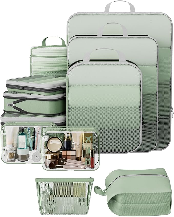 Veken 11 Set Compression Packing Cubes for Travel Essentials,Compressible Expandable Large Luggage Suitcase Organizer Bags for Clothing,Durable Space Saver Storage Bags(Matcha Green)