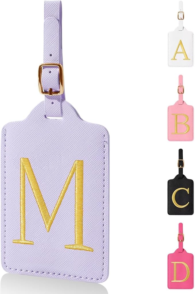 Personalized Initial Luggage Tags for Suitcases,Leather Letter Cute Luggage Tags with Privacy Name Card,Embroidered Monogrammed Travel Bag Backpack Tag Gifts for Women Kids Girls Teens(Purple-M)