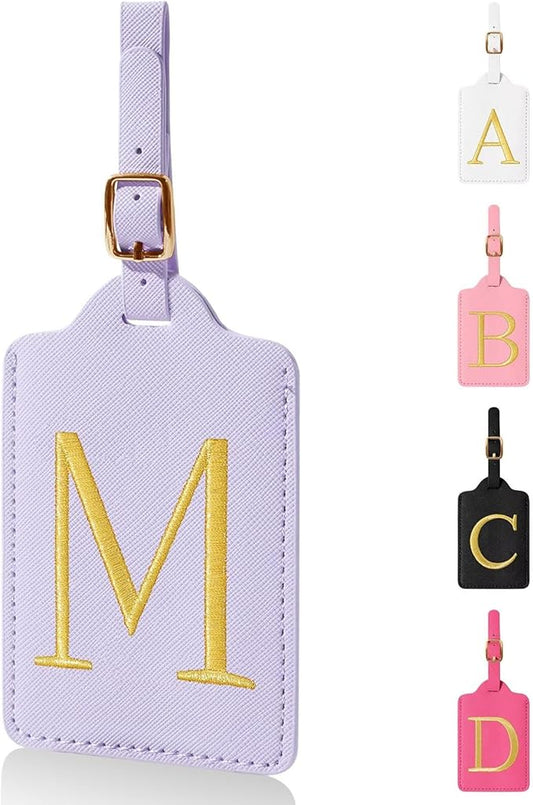 Personalized Initial Luggage Tags for Suitcases,Leather Letter Cute Luggage Tags with Privacy Name Card,Embroidered Monogrammed Travel Bag Backpack Tag Gifts for Women Kids Girls Teens(Purple-M)
