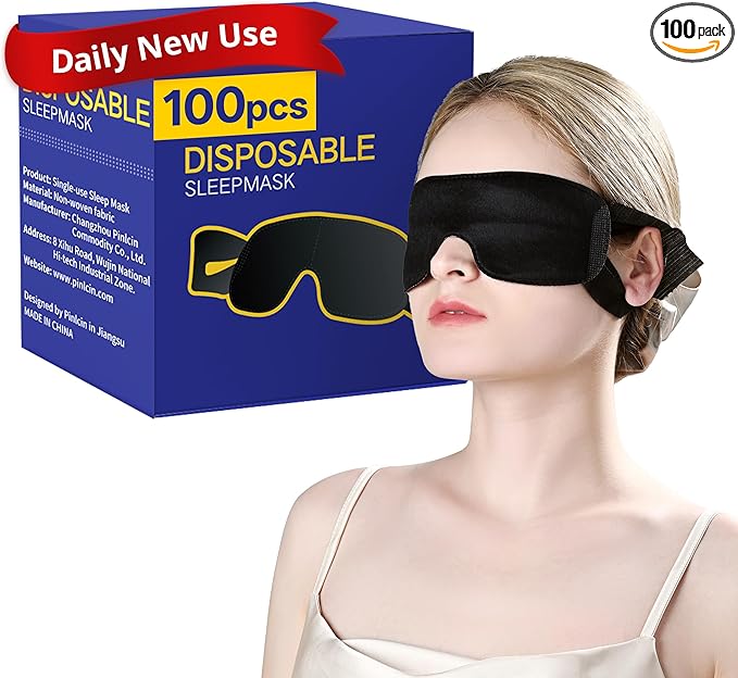 100 Packs Disposable Sleep Masks Bulk, Blackout Blindfolds for Men Women, Soft Eyemasks Adjustable for Sleeping Travel Yoga, Light Blocking Night Eye Mask for Party Games Team Building