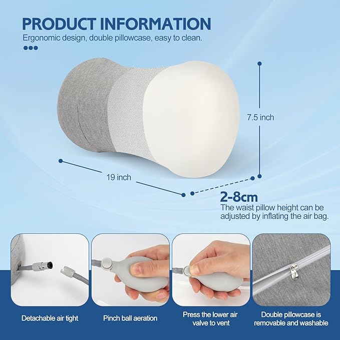 Inflatable Blow up Lumbar Support Pillow for Bed - Memory Foam Lower Back Pillow for Sleeping in Bed - Back Pain Relief While Sleep