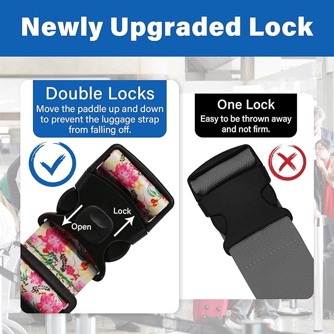 Luggage Straps for Suitcases, Travel Adjustable Belt with Quick Release Buckle, Heavy Duty Nylon Bag Packing Strap, Unique Bright Identifiers Business Travel Accessories (2 Pack) - Pink Flowers
