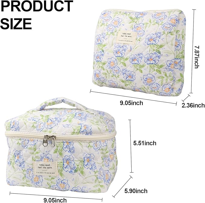 Cute Makeup Bag for Women(2 Pcs), Travel Cosmetic Bags, Quilted Coquette Aesthetic Floral Toiletry Organizer Bag (Blue Flower)