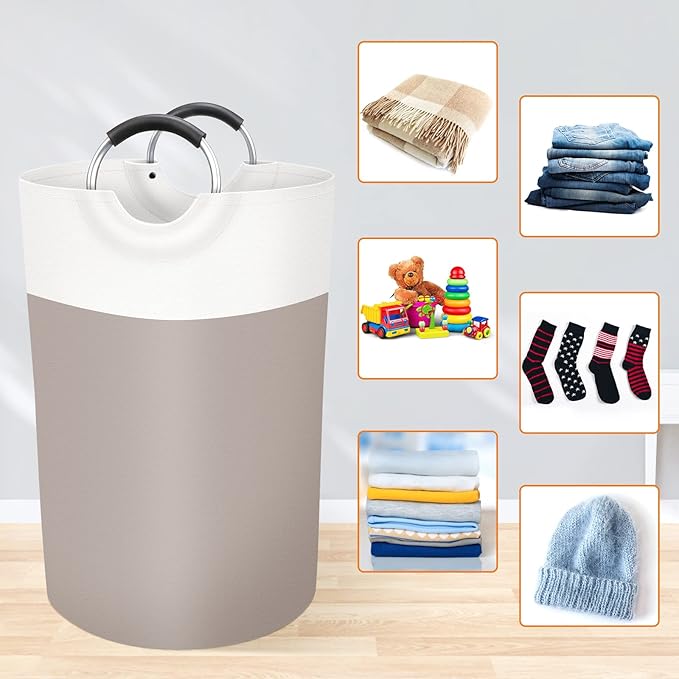 BlissTotes 75L Laundry Basket, Freestanding Laundry Hamper, Collapsible Dirty Clothes Hamper, Waterproof Fabric with Foam Protected Aluminum Handles for College, Dorm, Family (Brown)