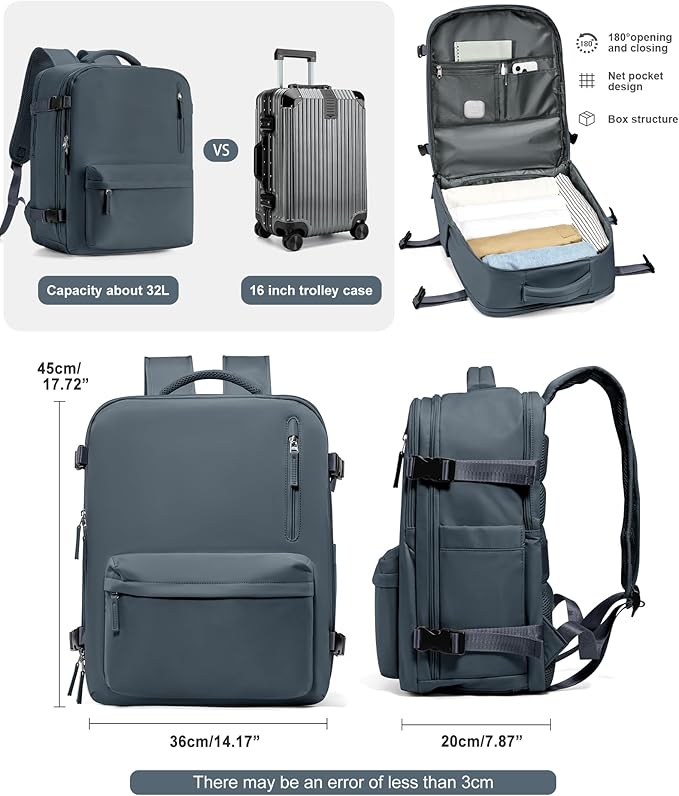 Travel Backpack for Women Men for Spirit Airlines Personal Item Bag 18x14x8 Inches Laptop College Waterproof Carry on Flight Approved Work Backpack Mochila de Viaje, Large Grey Blue