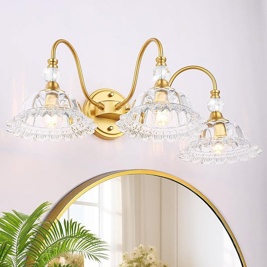 Modern Bathroom Vanity Light Fixtures 3 Lights Brushed Gold Vanity Lights for Bathroom with Floral Crystal Glass Shade Modern Wall Lighting Fixtures Over Mirror(Exclude E26 Bulb)