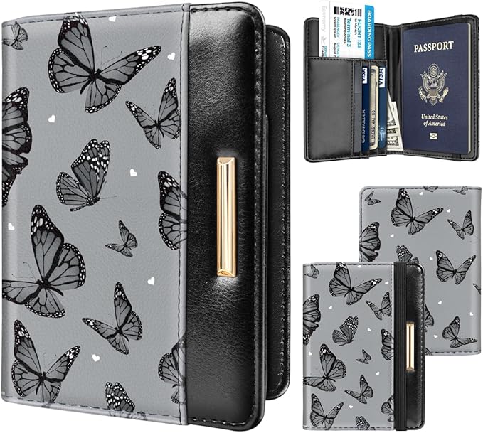 Passport Holder Cover,Traveling Passport Case Cute Passport Wallet for Women,Black Butterflies