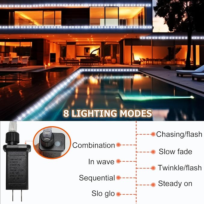 (New) Rope Lights Outdoor, 33FT 100LED 8 Light Modes Outdoor Tube Lights, IP65 Waterproof Copper Fairy String Lights for Garden Yard Porch Home Wedding Party New Year Holiday Decoration - White