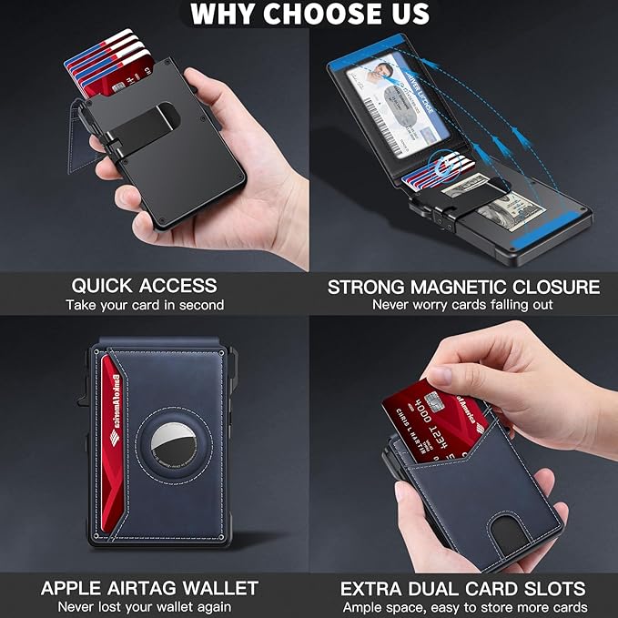 KIKVES Airtag Wallet for Men, Mens Smart Wallet for Air Tag RFID Blocking, Minimalist Bifold Pop Up Aluminum Credit Card Case Holder 12+ Cards with ID Window, Gift for Men, No Airtag Included, Navy