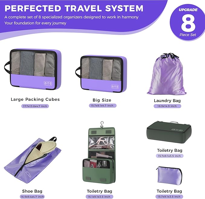 8-Piece Compression Packing Cubes for Travel, Elegant Ultralight Luggage Organizer Set for Women, Space Saving for Carry-On, Suitcase & Vacation Cruise Travel - Purple